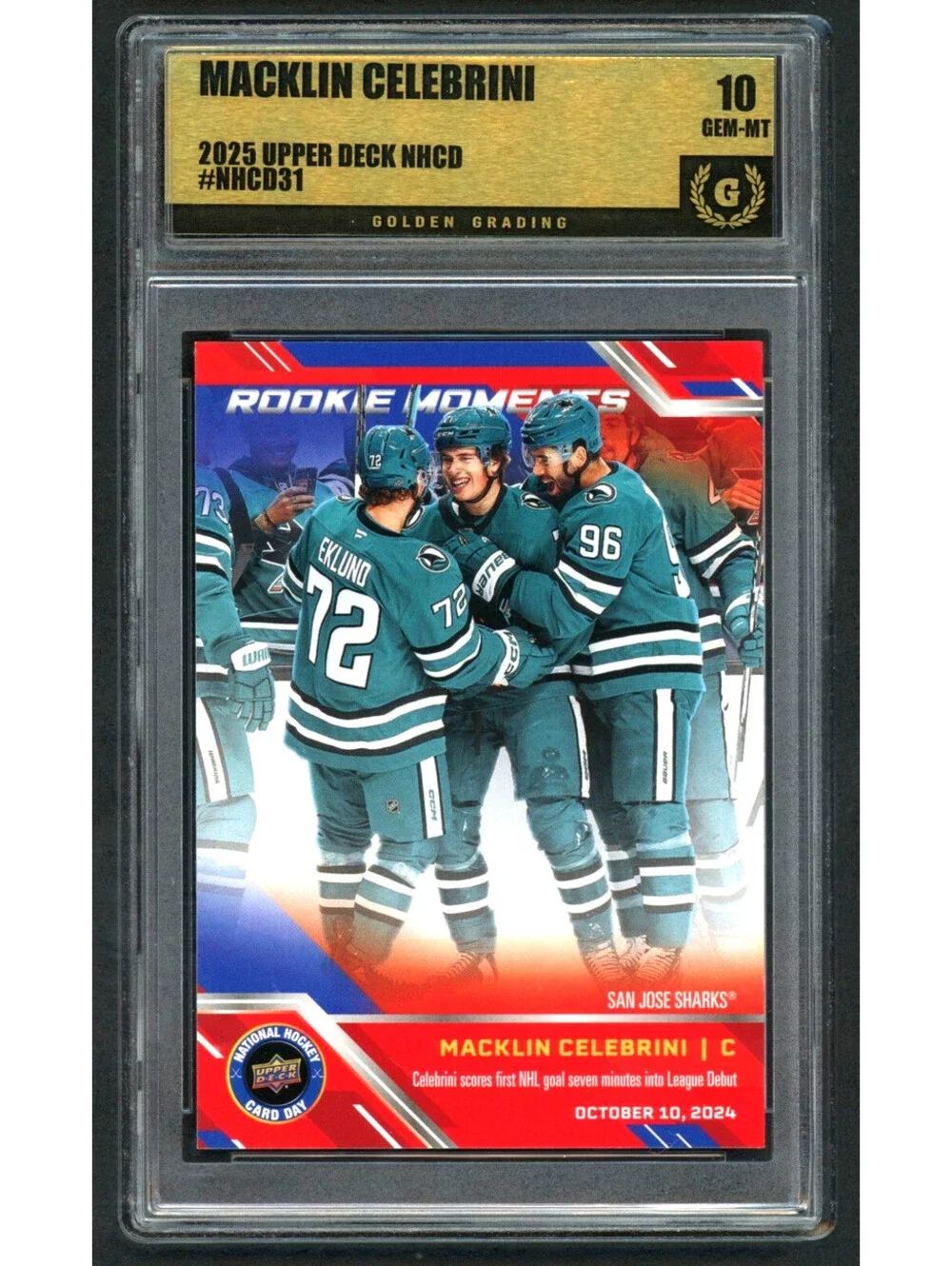 2025 Upper Deck NHCD31 Macklin Celebrini Rookie Moments  Graded Gem Mint 10